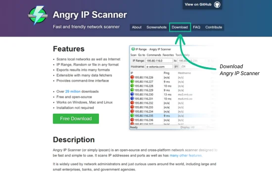 Screenshot of the Angry IP Scanner official website showing features like IP address scanning, command-line support, and download options