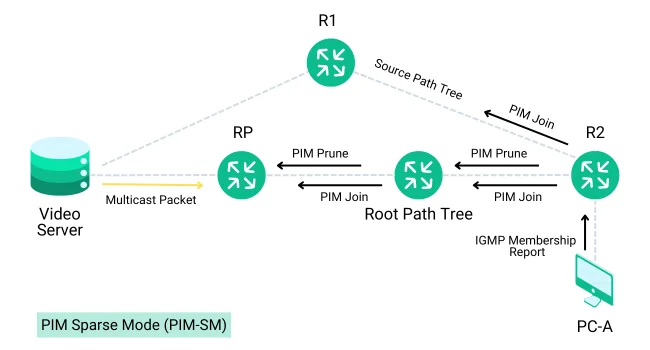 Diagram of PIM Sparse Mode (PIM-SM) showing multicast packet flow from Video Server to PC-A via routers using PIM Join and Prune messages through Root and Source Path Trees.
