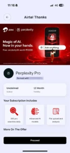 आपको अपनी फ्री Perplexity Pro सब्सक्रिप्शन Airtel Thanks ऐप के ‘Rewards’ सेक्शन में मिल जाएगी। (Screenshot from - Airtel Thanks App)